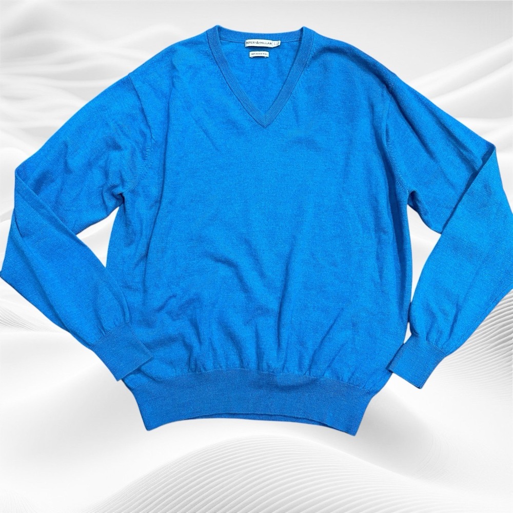 Peter Millar Mens Merino Wool V-Neck Pullover Sweater Cyan Blue Size Large